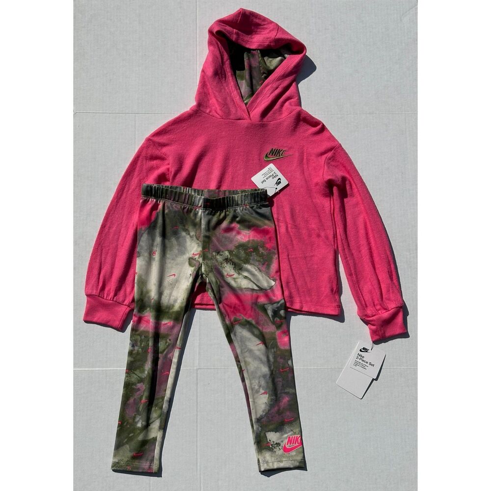 NWT Nike Girls Pullover Hoodie and Leggings Set Pink Olive - Size 5